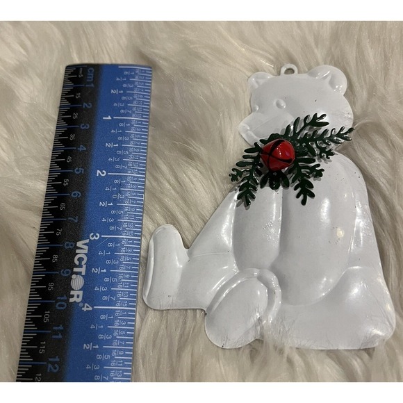 Vintage Dept 56 Flat Metal White Teddy Bear w/ Red Bell Christmas Ornament 4"x3" - Picture 5 of 9